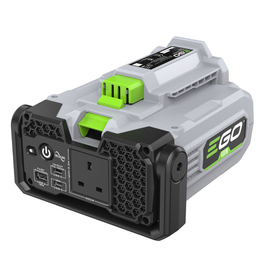 EGO Power+ PAD5000E Nexus Escape portable power inverter showing its 240V AC power outlet, USB-A, and USB-C port connections.