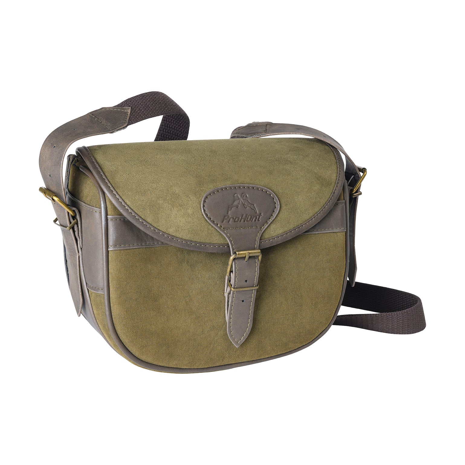 Two-tone khaki and ibex brown ProHunt Partridge shotgun cartridge bag with an adjustable shoulder strap and fold-over locking flap.