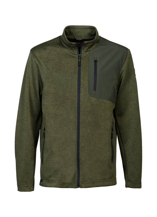 Prohunt Spitz men's windproof hunting jacket in khaki green, showing the zippered chest pocket and protective high collar design.