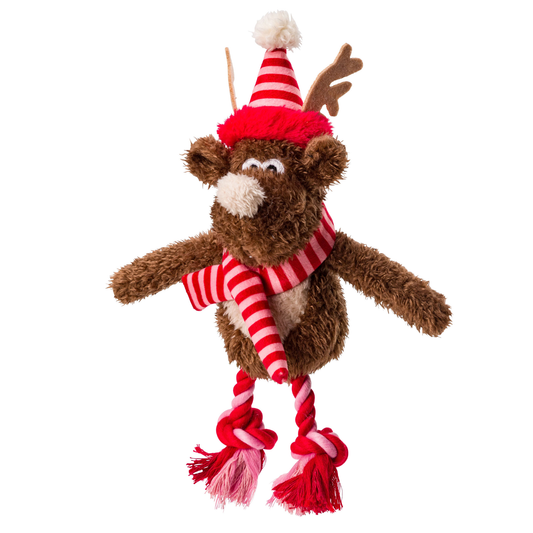 House of Paws Merry & Bright Reindeer plush Christmas dog toy with knotted rope legs