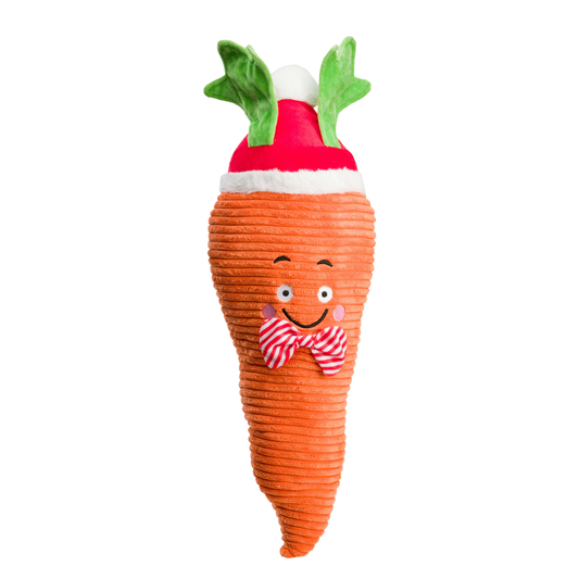 House of Paws Jumbo Carrot plush Christmas dog toy wearing a Santa hat and bow tie