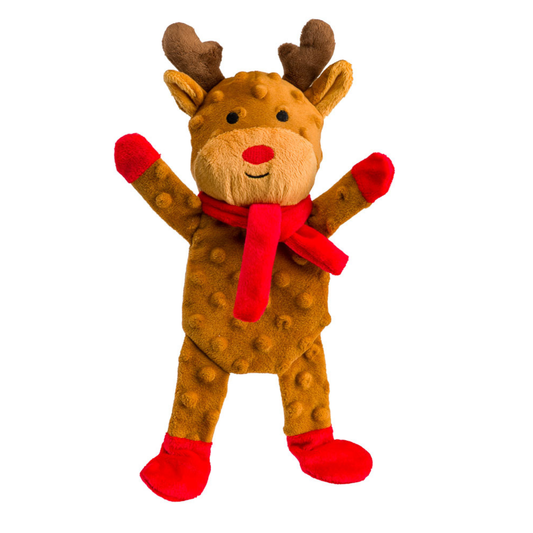 House of Paws Reindeer Crinkle Flattie stuffing-free Christmas dog toy with red scarf