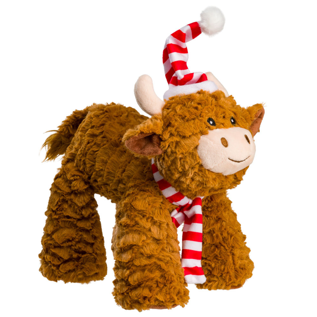 House of Paws Highland Cow Big Paws plush Christmas dog toy wearing a red and white striped hat and scarf