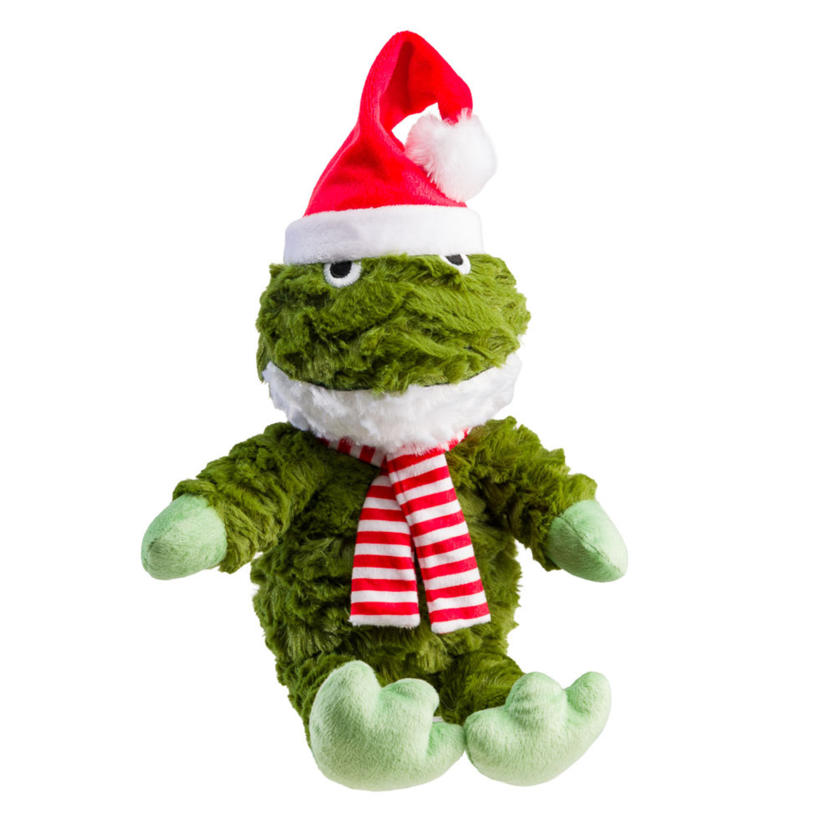 House of Paws Snuggly Frog plush Christmas dog toy wearing a Santa hat and striped scarf