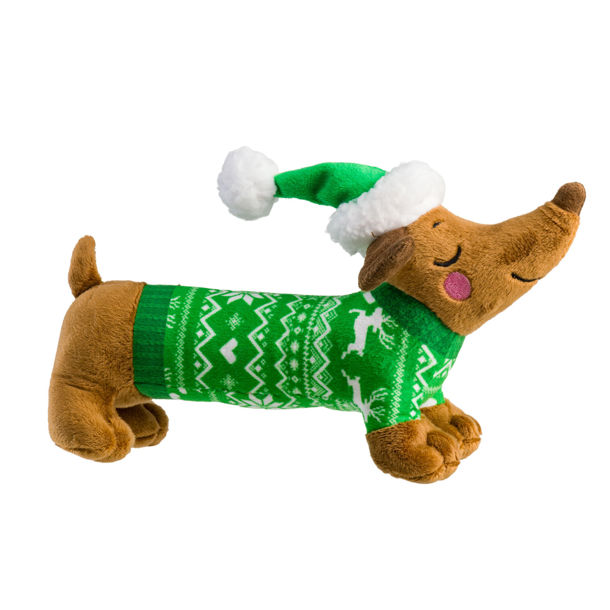 House of Paws Best Dog sausage dog plush Christmas toy in a green Fair Isle sweater