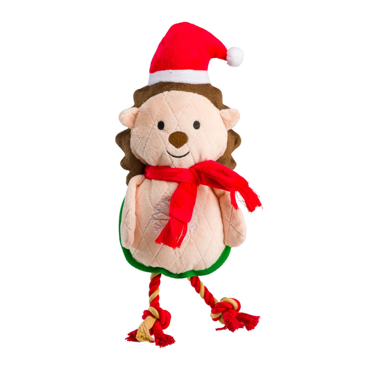 House of Paws Fetchmas Forest Hedgehog thrower Christmas dog toy with Santa hat and rope legs