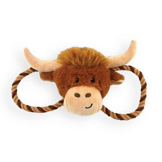 Happy Pet Herby Highland Cow tug of war Christmas dog toy with rope ring