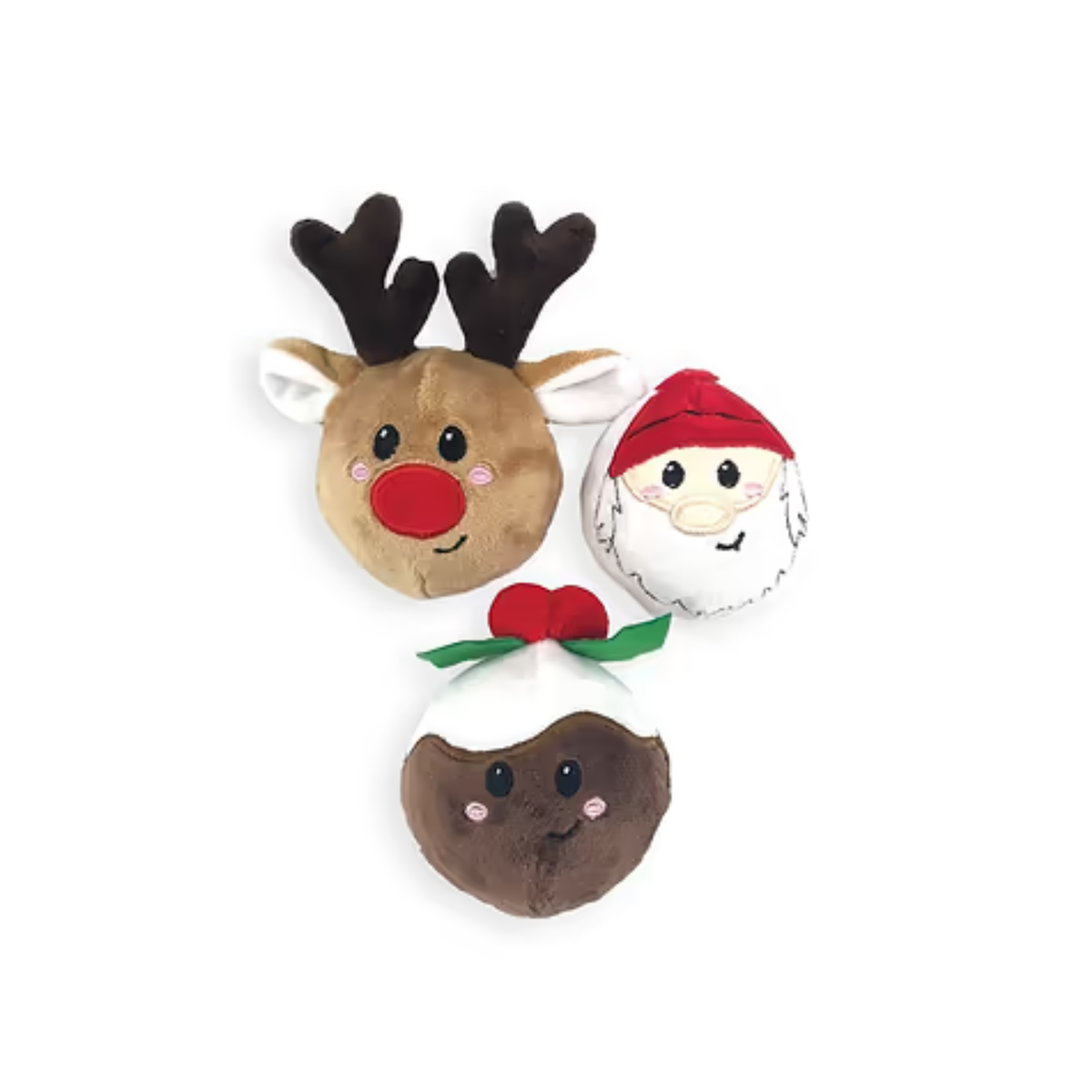 Happy Pet Festive Tennis Balls tough dog toy set featuring reindeer, santa, and christmas pudding designs