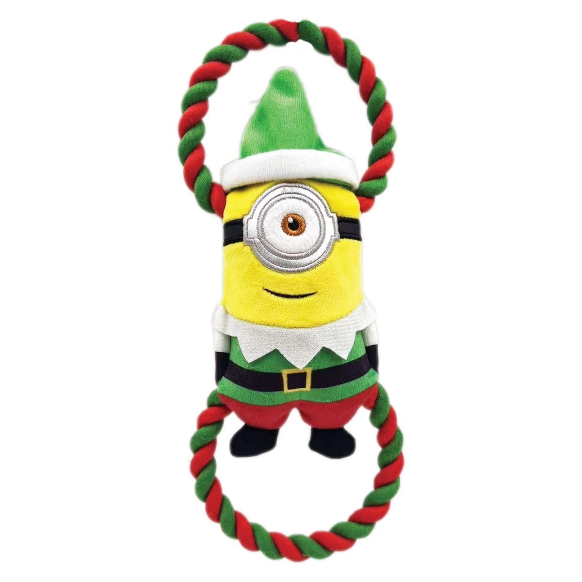 Happy Pet Minion Festive Double Tug Dog Toy featuring Stuart with dual rope handles