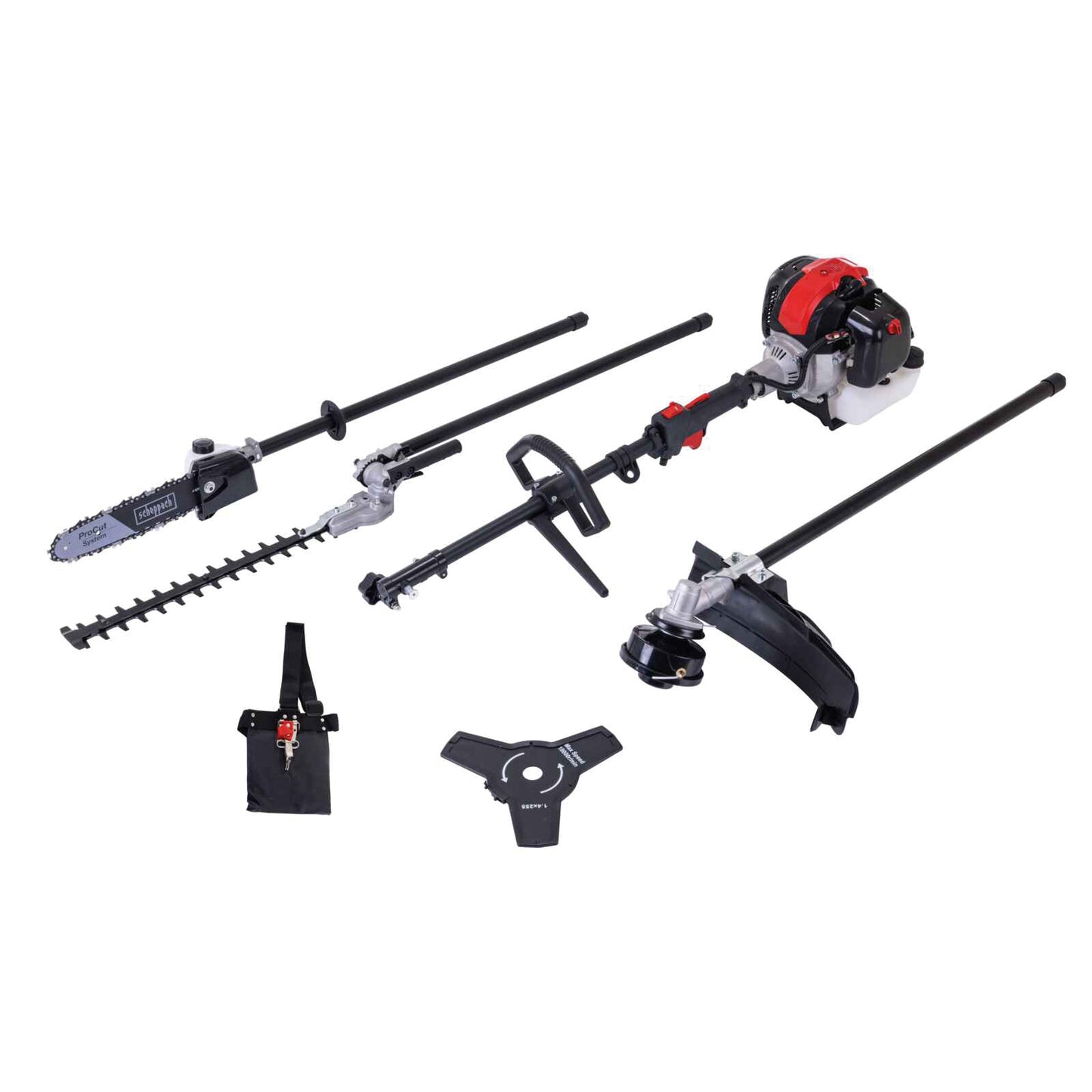 The Scheppach PMT520 4-in-1 petrol garden multi-tool with grass trimmer, brush cutter, hedge trimmer, and pole pruner attachments laid out.