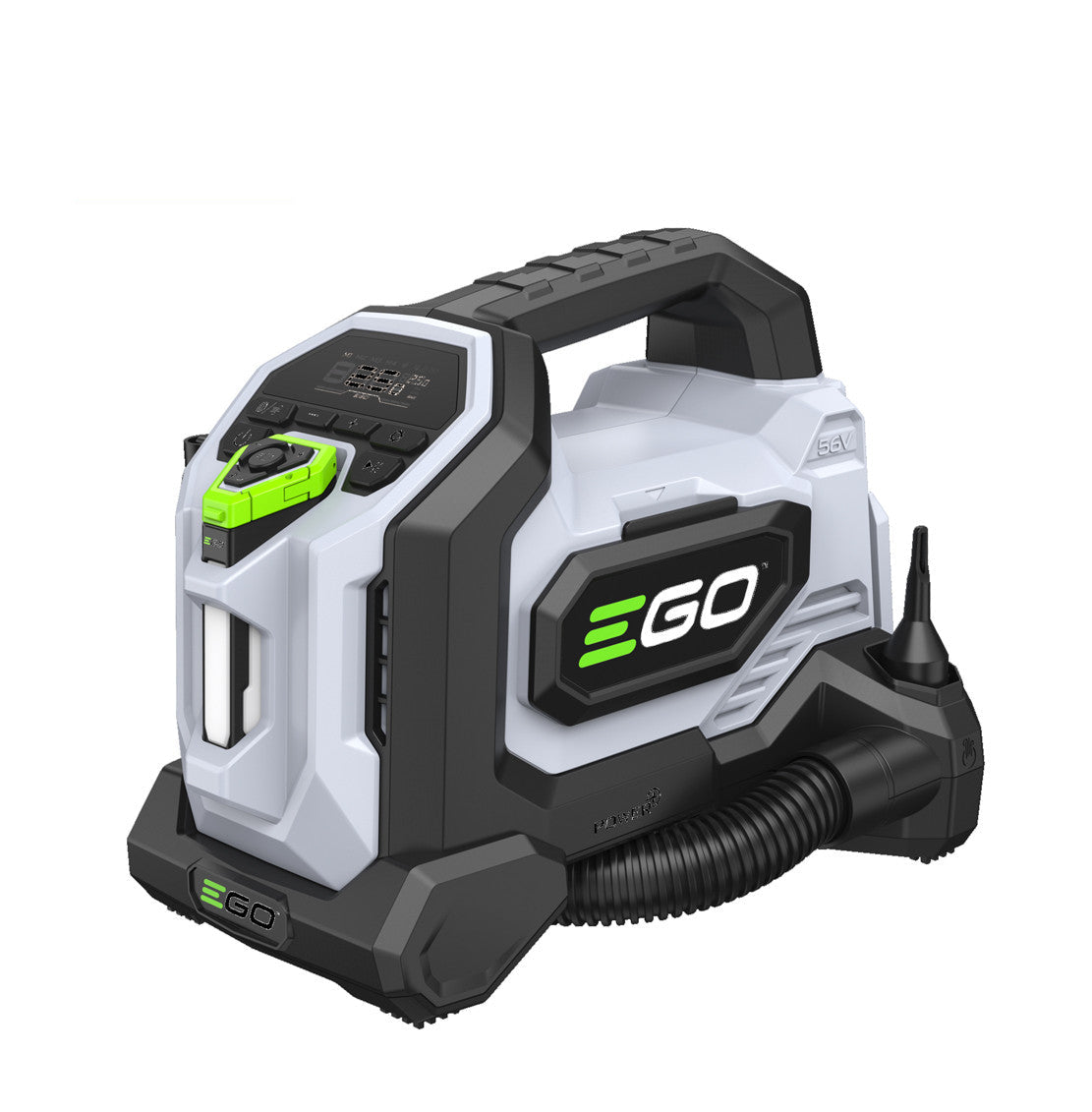 EGO IF1600E 56V compact 3-in-1 cordless air inflator featuring a clear digital display, integrated carry handle, and onboard storage hose.