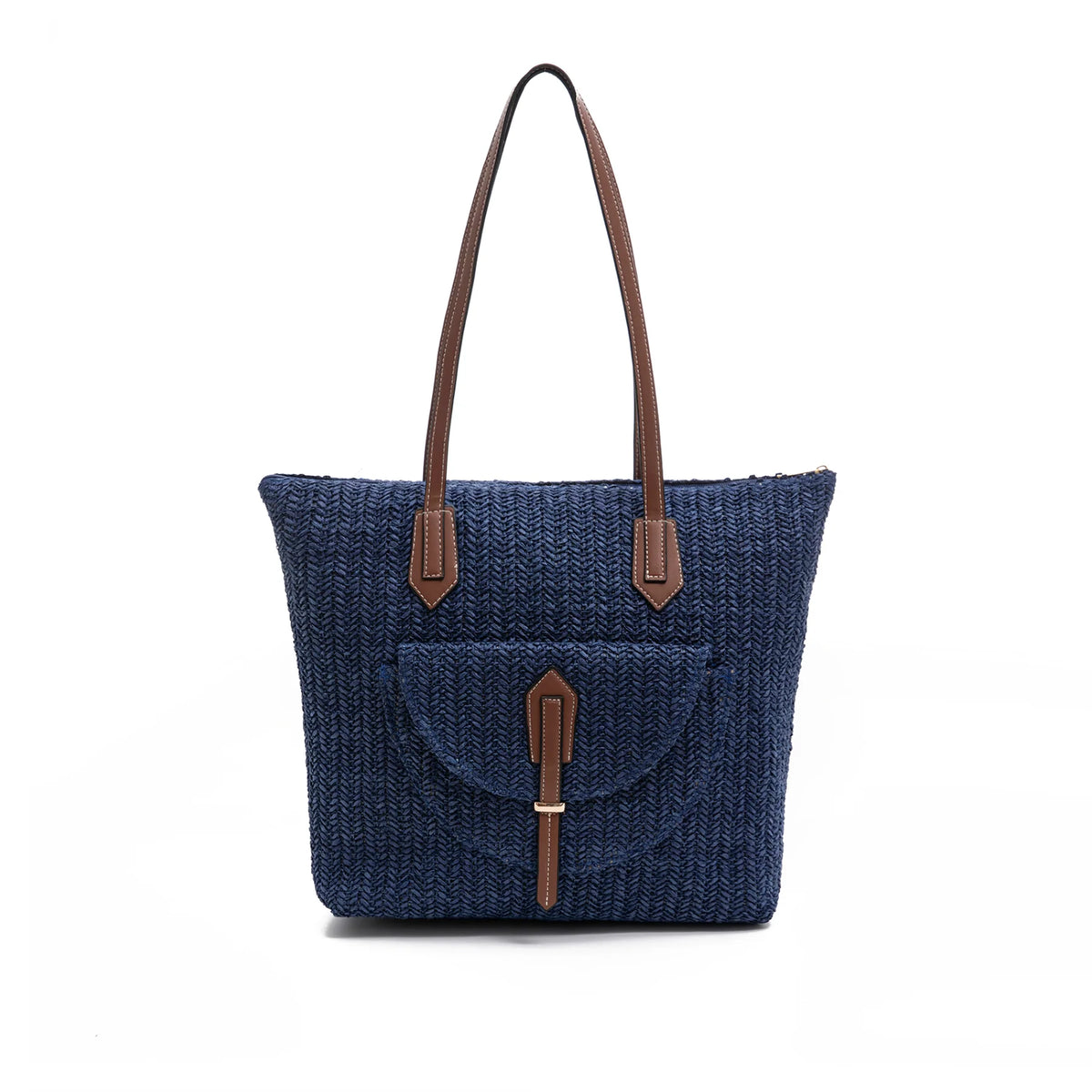 Lane Antigua Bag in Natural showing textured woven straw body, brown PU shoulder straps, and front flap pocket