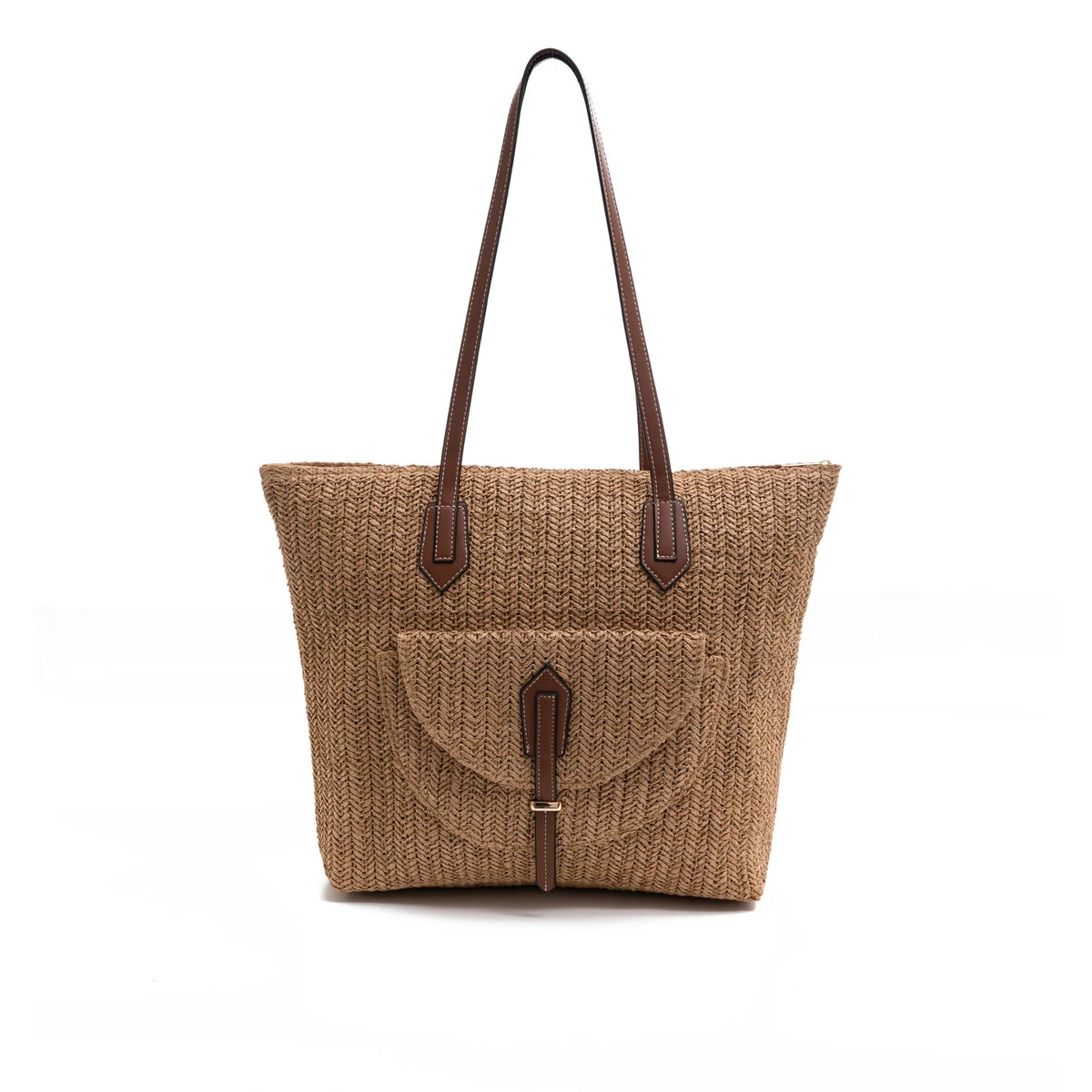 Park Lane Antigua Bag in Natural showing textured woven straw body, brown PU shoulder straps, and front flap pocket