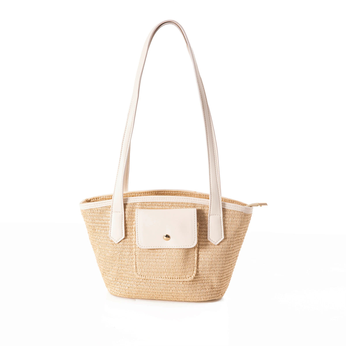 Park Lane Barbados Shoulder Bag in woven straw finish with light trim, twin straps, and front snap pocket
