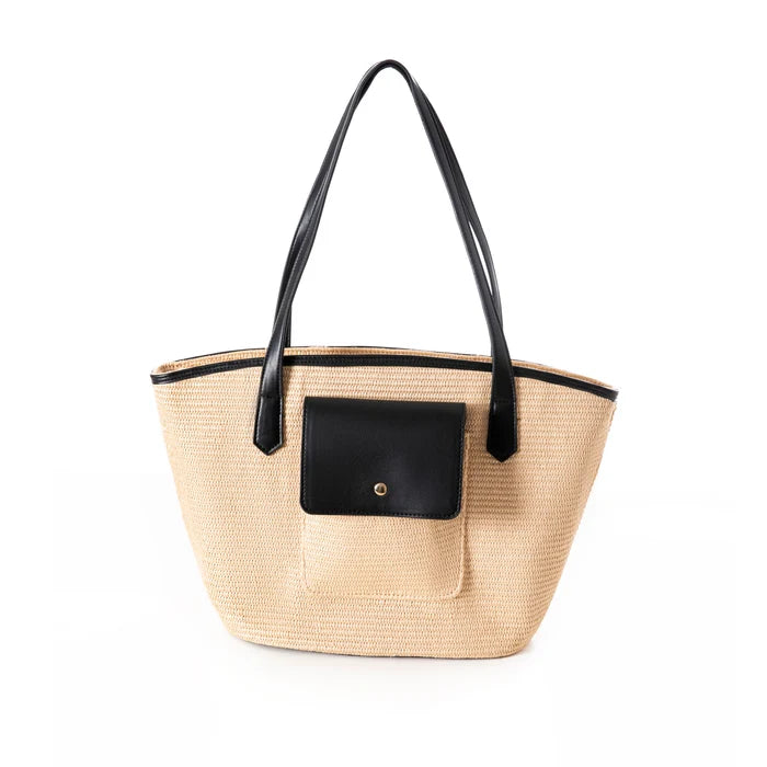 Park Lane Cannes Tote Bag in natural woven straw material with smooth contrast PU straps and front press-stud pocket