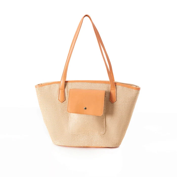Park Lane Cannes Tote Bag in natural woven straw material with smooth contrast PU straps and front press-stud pocket
