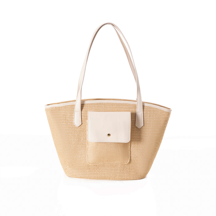 Park Lane Cannes Tote Bag in natural woven straw material with smooth contrast PU straps and front press-stud pocket