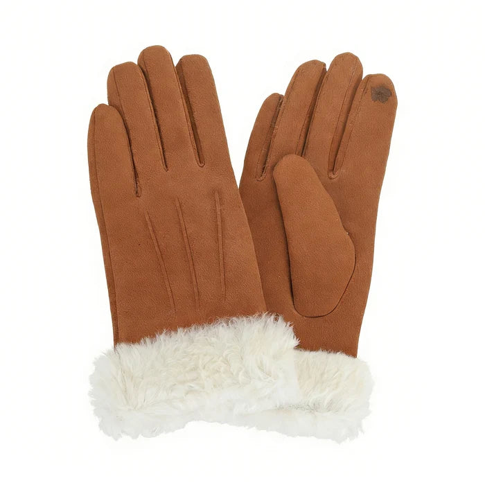 Pair of Park Lane tan faux suede gloves with cream faux fur cuffs and touchscreen index finger pads