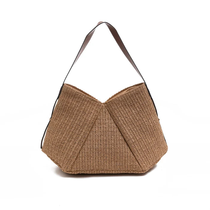 Park Lane Summer Shoulder Bag in natural woven paper straw with brown PU shoulder strap