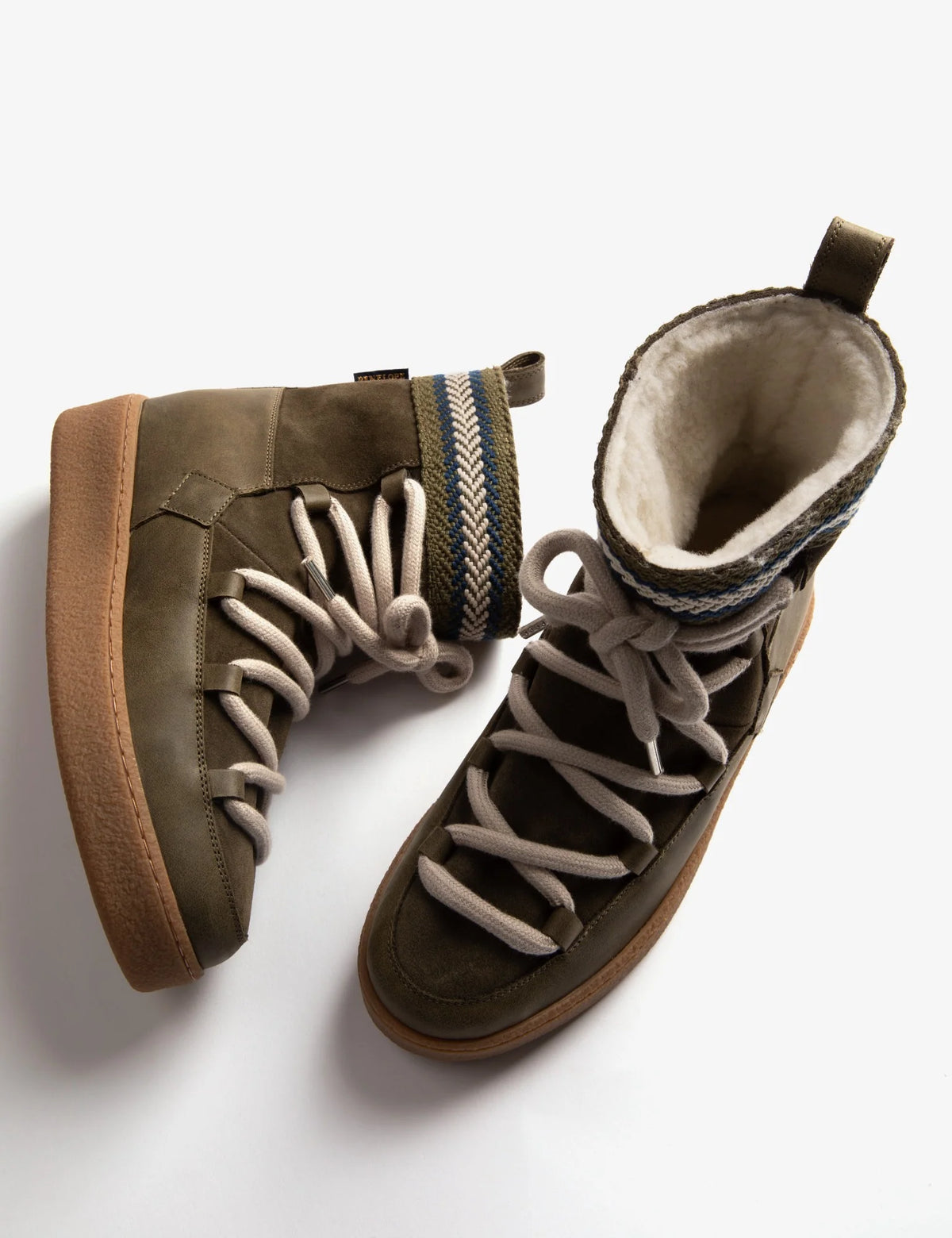 Penelope Chilvers Cosmos khaki suede shearling lined moon boot with thick cream laces and patterned trim