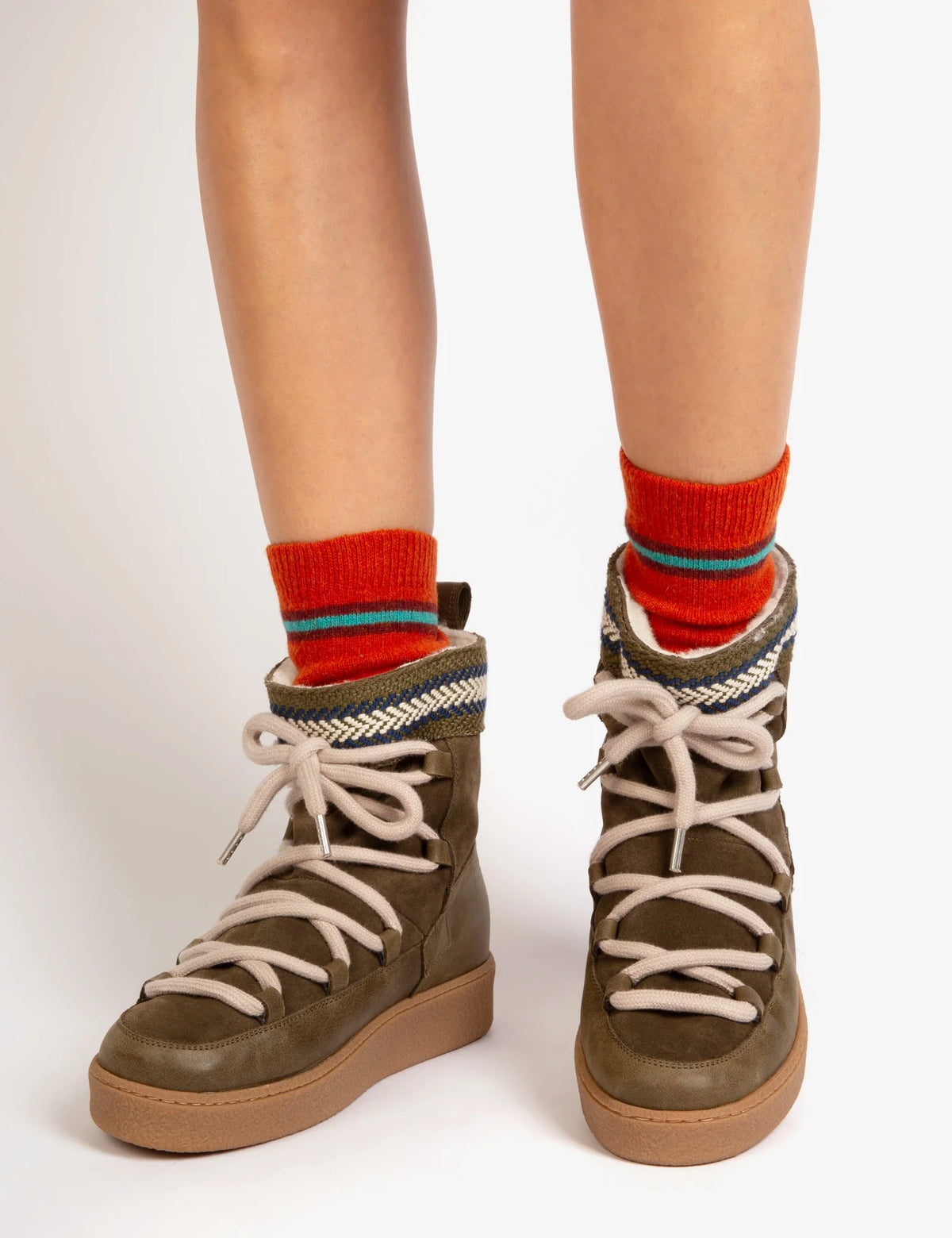 Penelope Chilvers Cosmos khaki suede shearling lined moon boot with thick cream laces and patterned trim