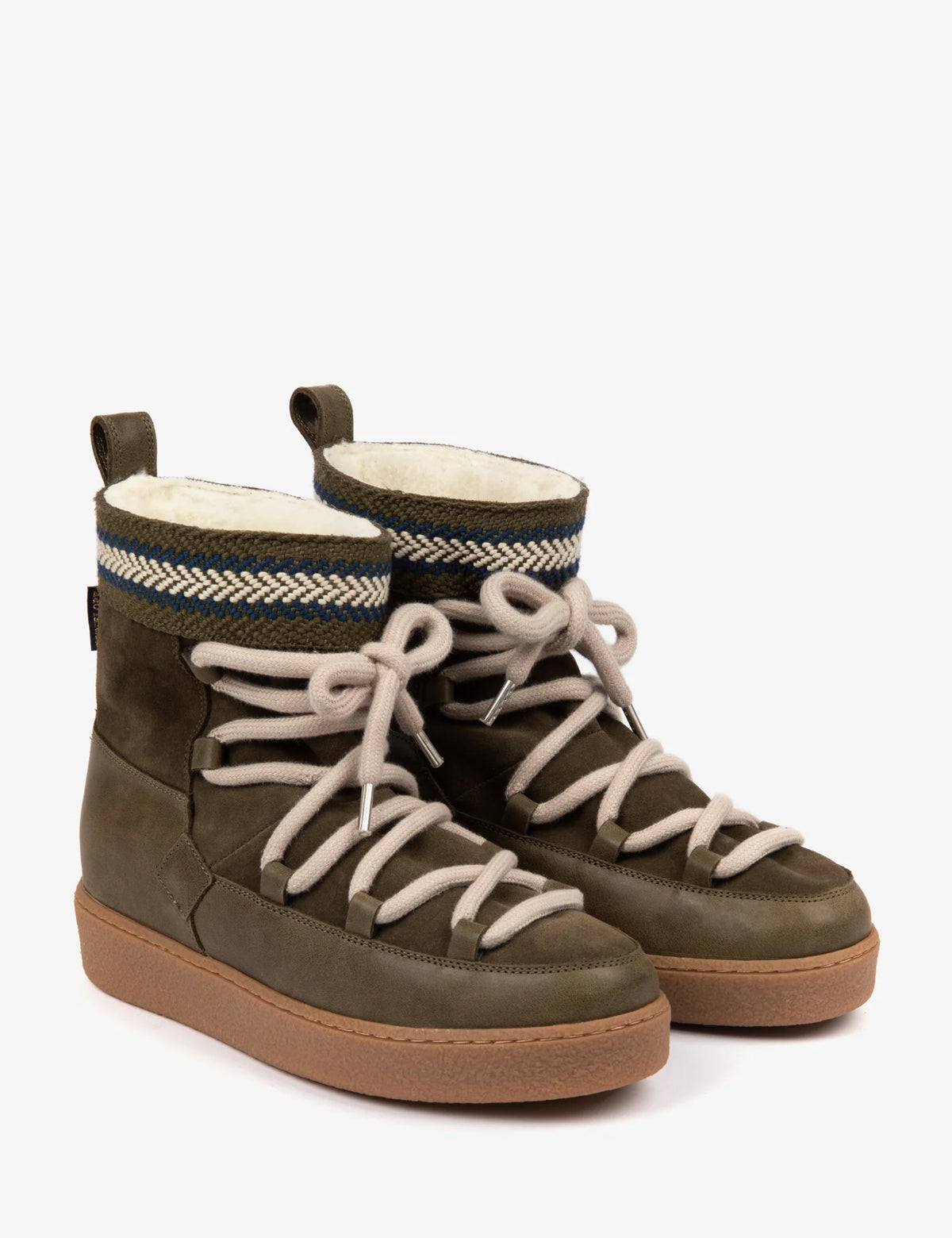 Penelope Chilvers Cosmos khaki suede shearling lined moon boot with thick cream laces and patterned trim