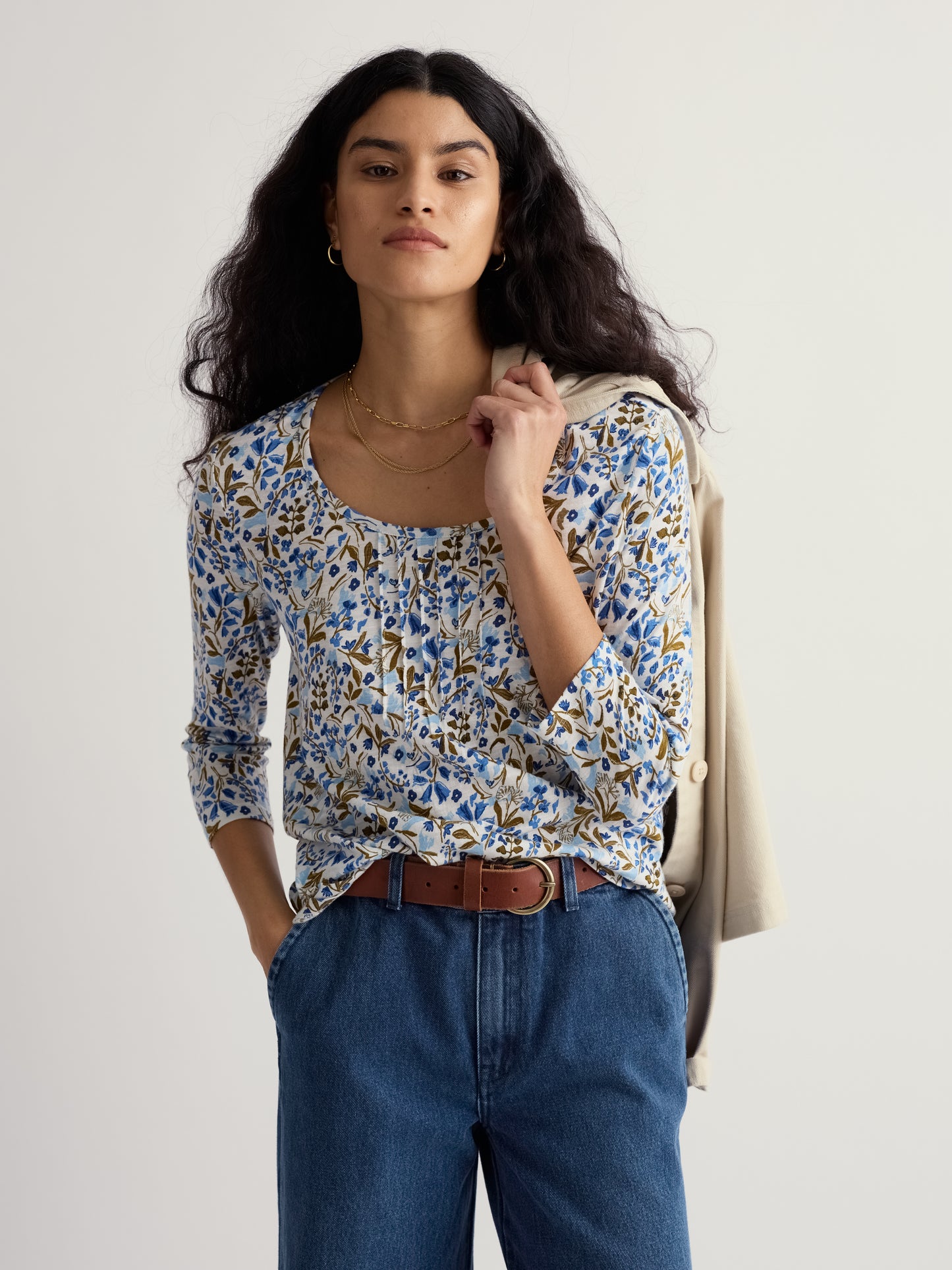 Seasalt Penhollow Organic Cotton Printed Top in Woodland Floral Chalk