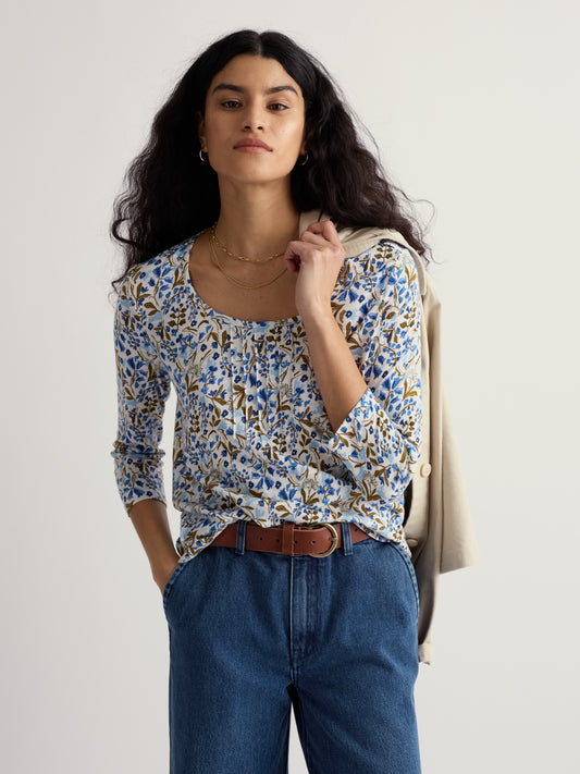 Seasalt Penhollow Organic Cotton Printed Top in Woodland Floral Chalk