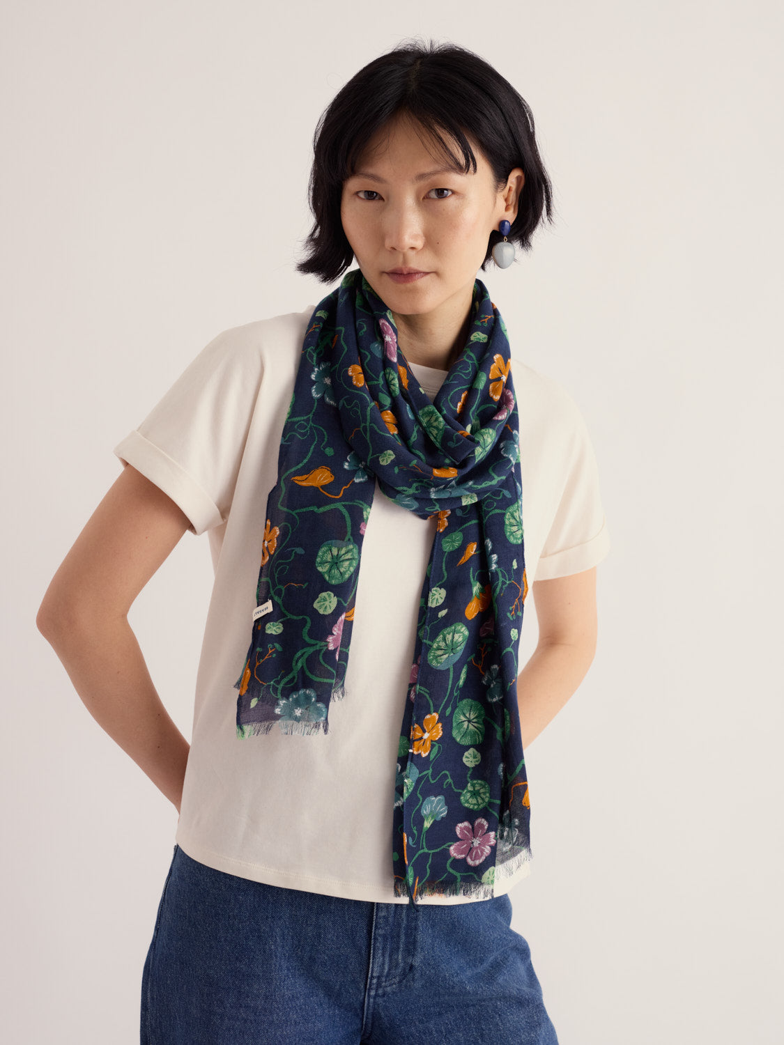 Seasalt Pentillie Scarf in soft organic cotton and modal fabric draped loosely.