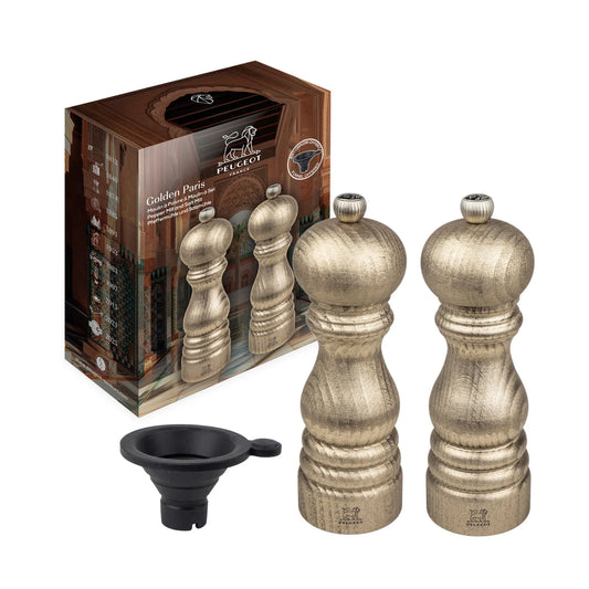 Peugeot Paris Golden Duo 18cm salt and pepper mill set in golden patina wood with silicone spice funnel.