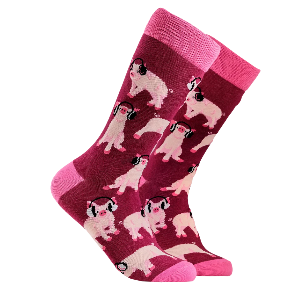 Socktopus Pigs in Headphones socks featuring a pattern of pigs wearing headphones on a soft knitted cotton blend fabric