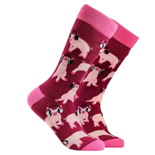 Socktopus Pigs in Headphones socks featuring a pattern of pigs wearing headphones on a soft knitted cotton blend fabric