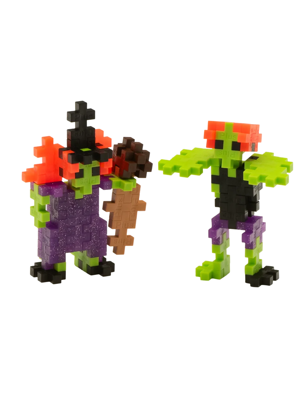 Plus-Plus Monster Mash tube packaged alongside two built monster figures in purple, green, and orange interlocking pieces.