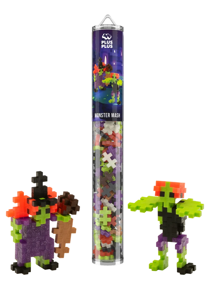 Plus-Plus Monster Mash tube packaged alongside two built monster figures in purple, green, and orange interlocking pieces.