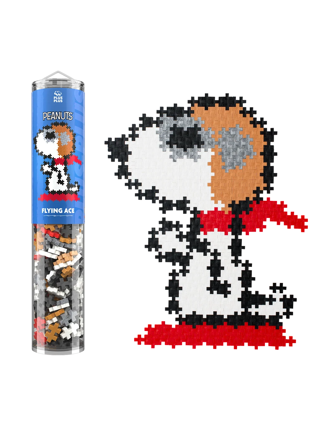 Plus-Plus Snoopy Flying Ace tube container alongside the assembled pixel-style Snoopy artwork featuring his aviator cap and red scarf.