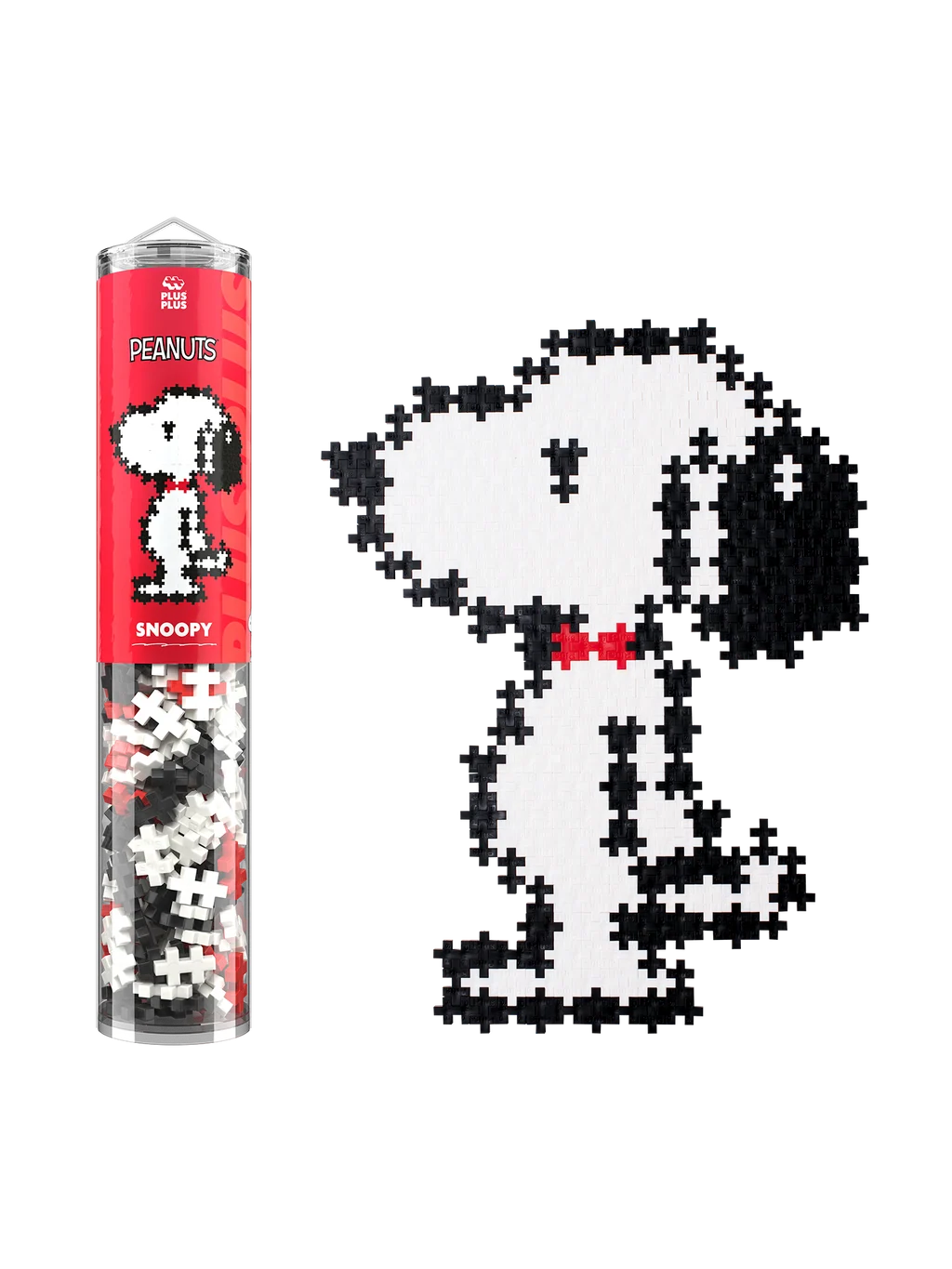 Plus-Plus Snoopy Puzzle by Number tube packaging beside a completed black and white Snoopy figure with a red collar.