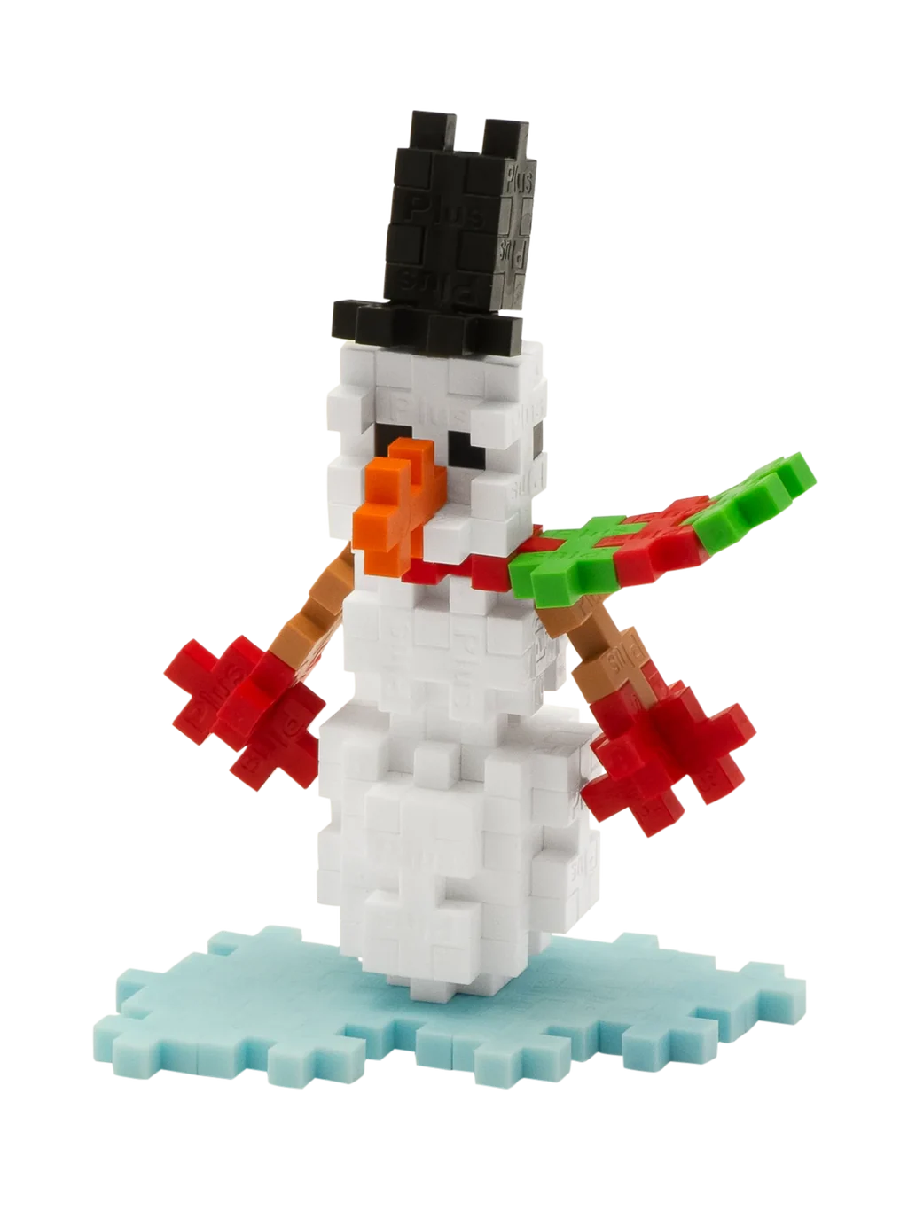Plus-Plus Snowman storage tube displayed alongside a constructed snowman figure wearing a black hat, scarf, and red mittens.
