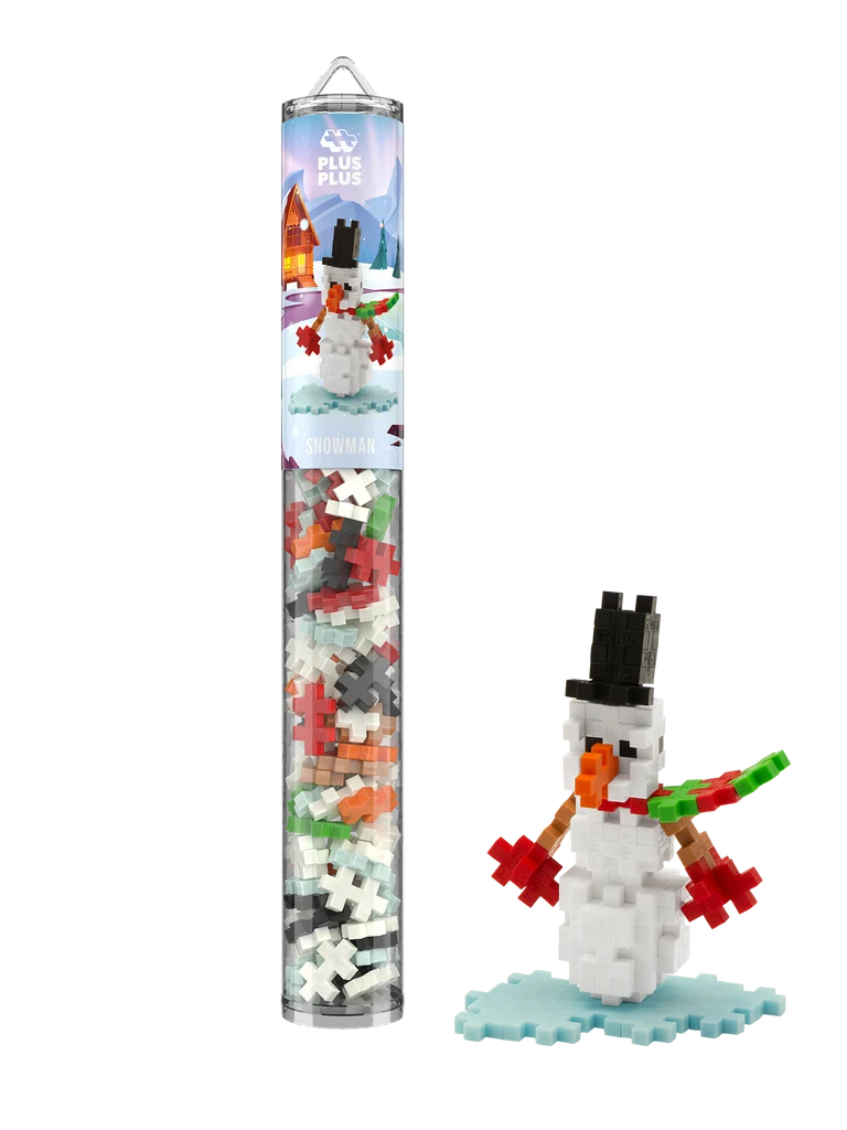 Plus-Plus Snowman storage tube displayed alongside a constructed snowman figure wearing a black hat, scarf, and red mittens.