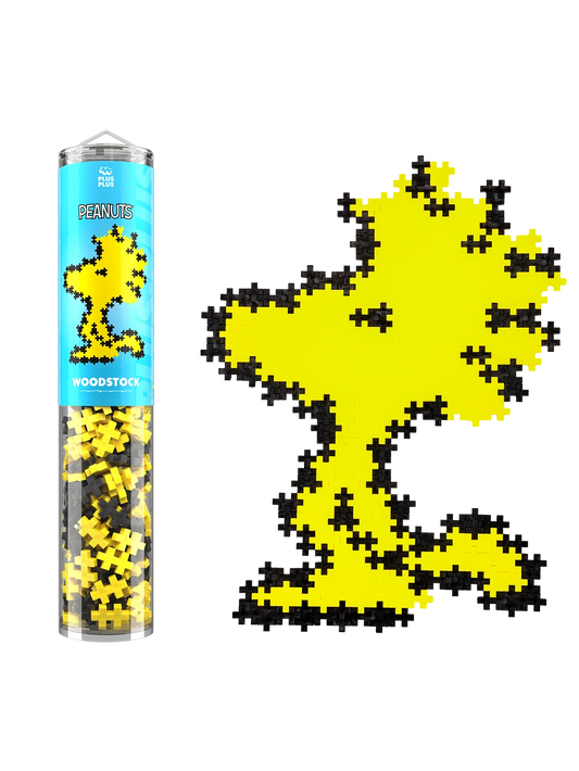 Plus-Plus Woodstock storage tube alongside a completed pixelated yellow Woodstock character build.