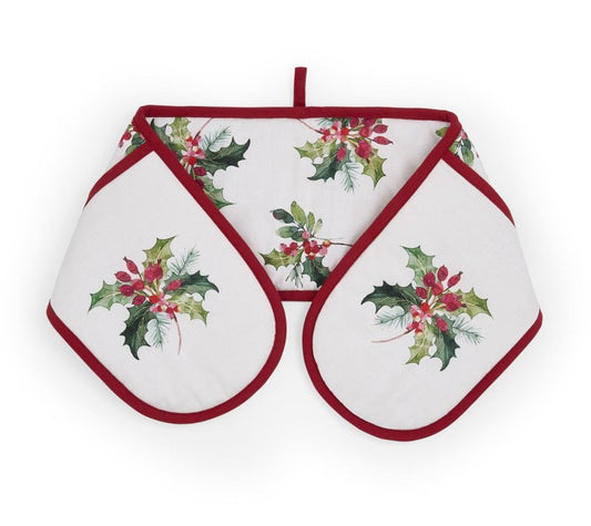 Portmeirion Botanic Garden Christmas Holly cotton double oven glove with red binding