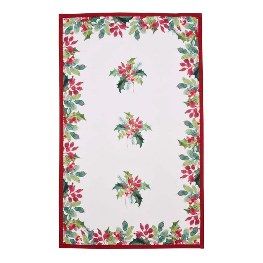 Portmeirion Botanic Garden Christmas Holly 100% cotton tea towel featuring festive holly pattern and red border