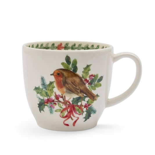 Portmeirion Botanic Garden Christmas Holly Robin earthenware latte mug featuring a robin illustration and green interior leaf trim