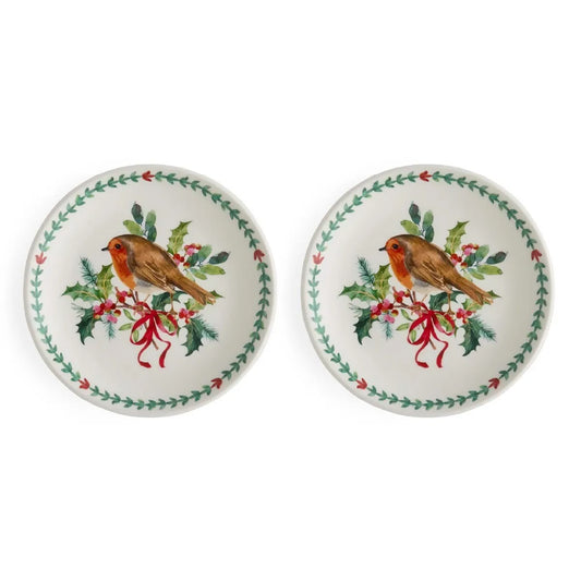 Portmeirion Botanic Garden Christmas Holly Robin 6-inch earthenware side plates set of two