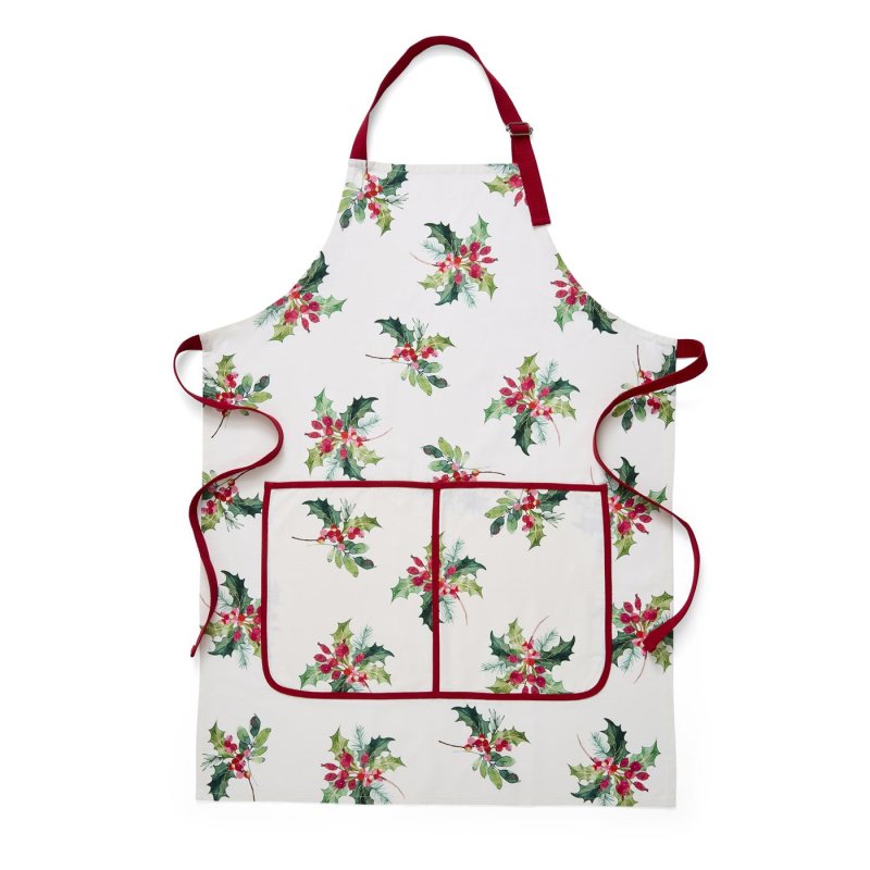 Portmeirion Botanic Garden Christmas Holly Apron in white with red straps and front pocket