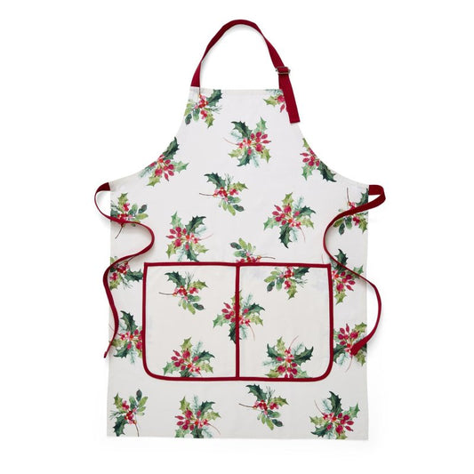 Portmeirion Botanic Garden Christmas Holly Apron in white with red straps and front pocket
