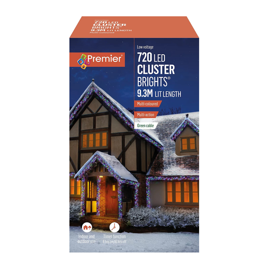 Premier 720 multi-coloured LED Christmas cluster lights decorated around an outdoor house roofline and fireplace mantel.