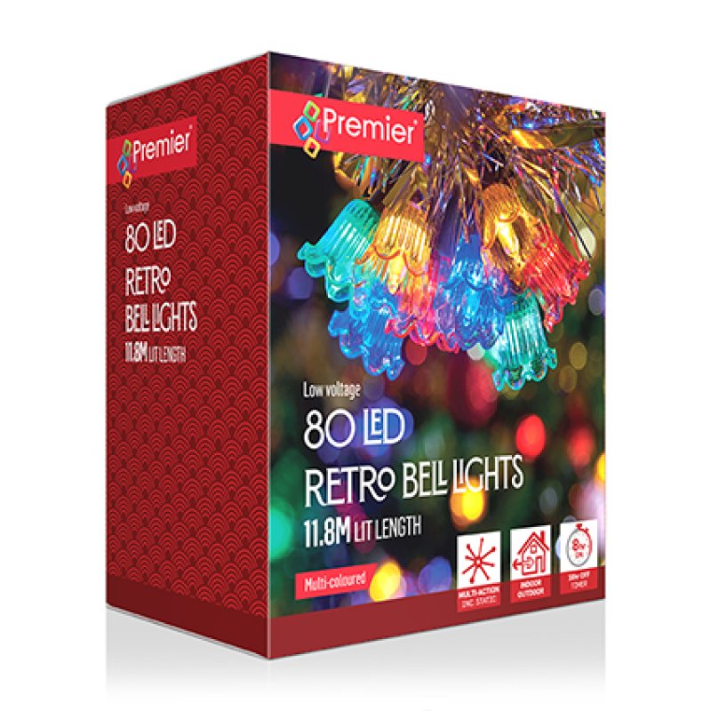 Premier 80 LED multi-action retro bell Christmas lights with colourful bell caps glowing on a Christmas tree