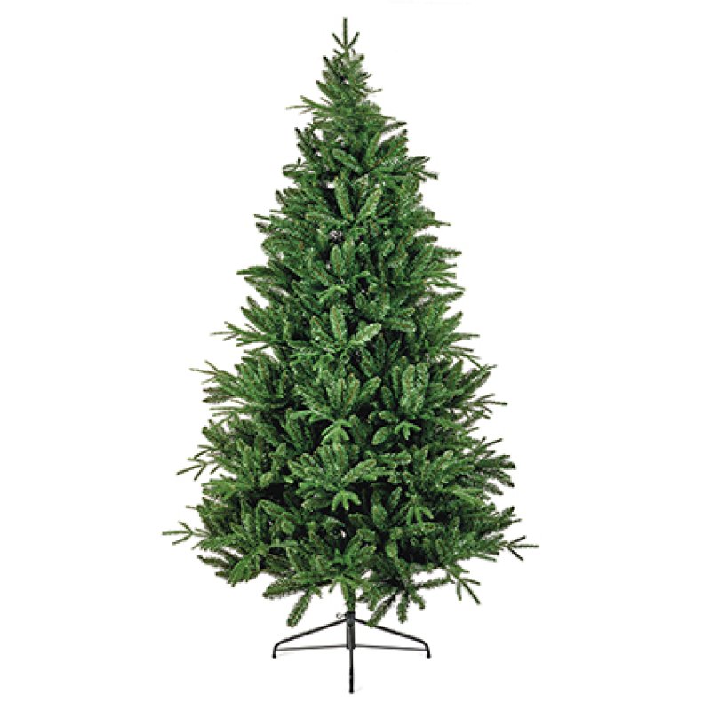 Premier 1.8m Aspen Fir hinged artificial Christmas tree standing on a metal base in a living room setting.
