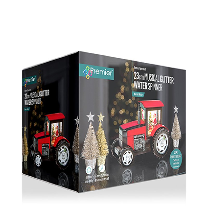 Premier 23cm battery operated lit musical water spinner tractor featuring Santa Claus inside with swirling glitter.