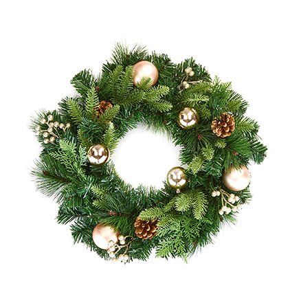 Premier 40cm Champagne Gold Dressed Christmas Wreath decorated with pine cones and golden baubles.